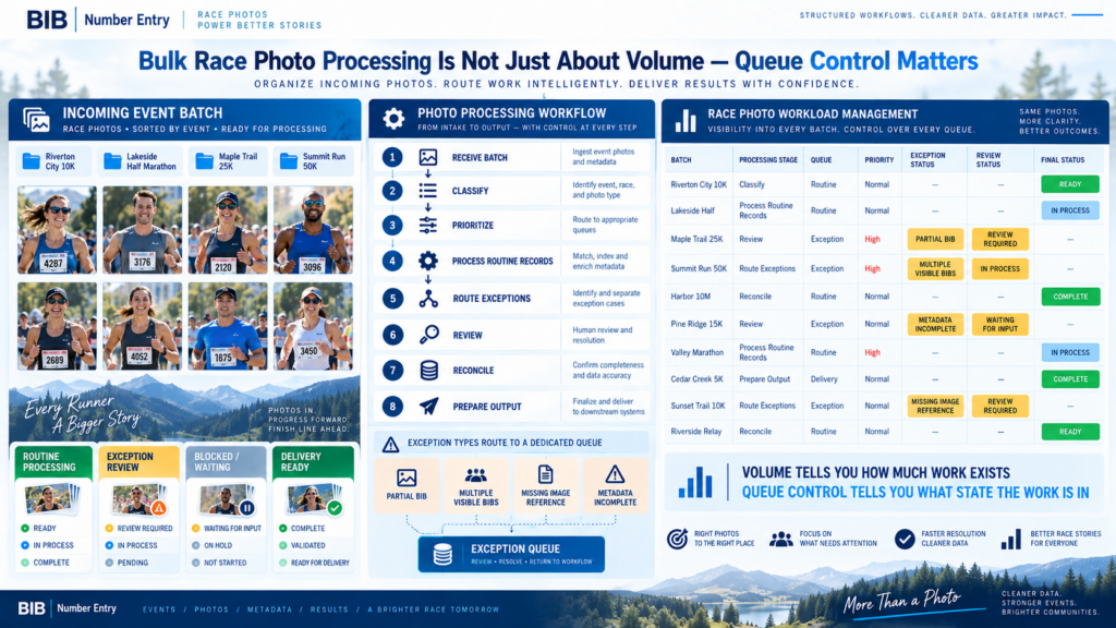 Overview infographic showing bulk race photo processing with event batches, processing steps, and workload statuses.